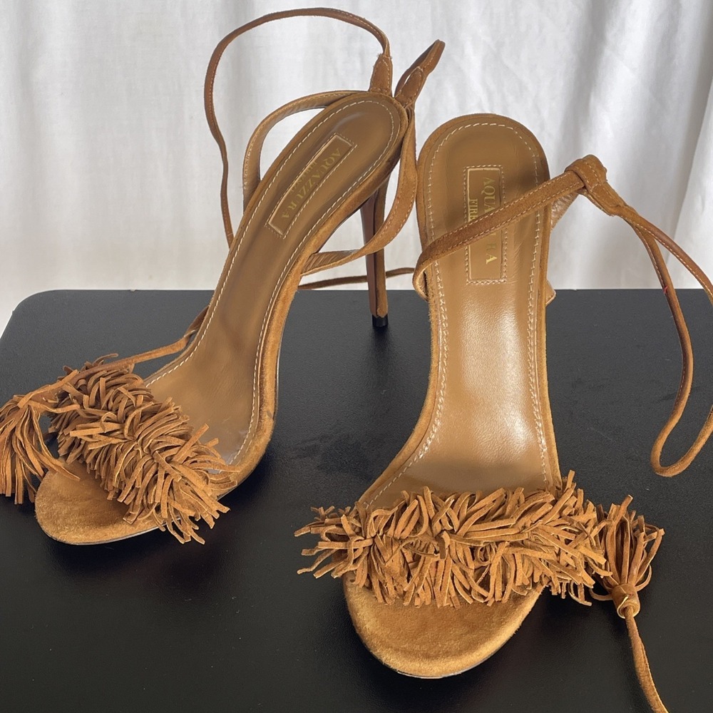 Aquazzura Wild Thing Fringe Suede Tassel High Heel Sandals in brown  US Size 6.5